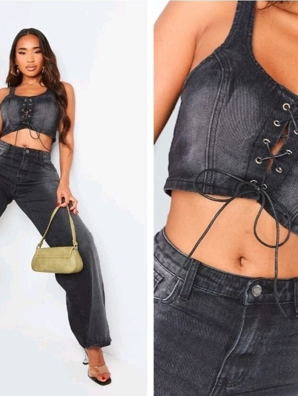 Wild Fable Black Denim Corset Crop Top Lace Up Front Size X-Large XL